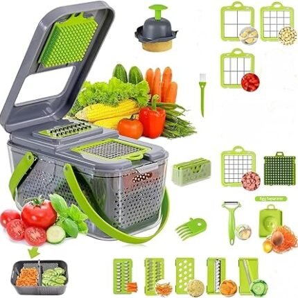 قطاعة خضراوات22 قطعه 2 في 1 ومفرمة بصل اترومانز | 14 شفرة ستانلس ستيل مع حاوية تخزين