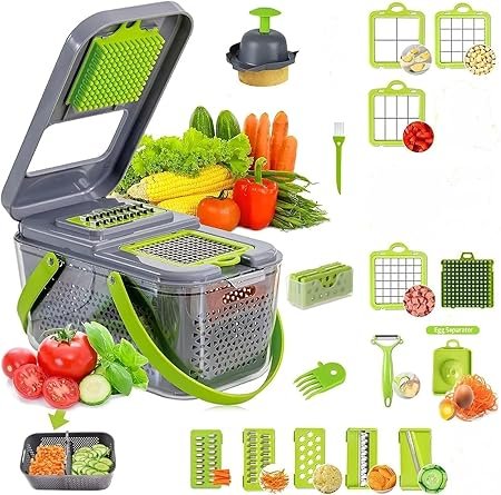 قطاعة خضراوات22 قطعه 2 في 1 ومفرمة بصل اترومانز  | 14 شفرة ستانلس ستيل مع حاوية تخزين