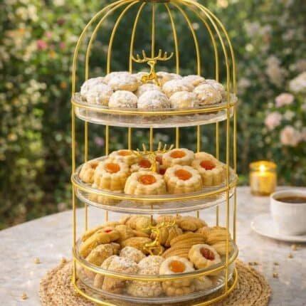 شيالة كحك 3 دور أكريليك بستاند ذهبي – حامل تقديم حلويات فاخر بتصميم غزالة