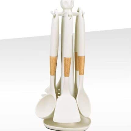 طقم توزيع مطبخ سيليكون 7 قطع Homey Town مع حامل – مقاوم للحرارة وآمن للتيفال